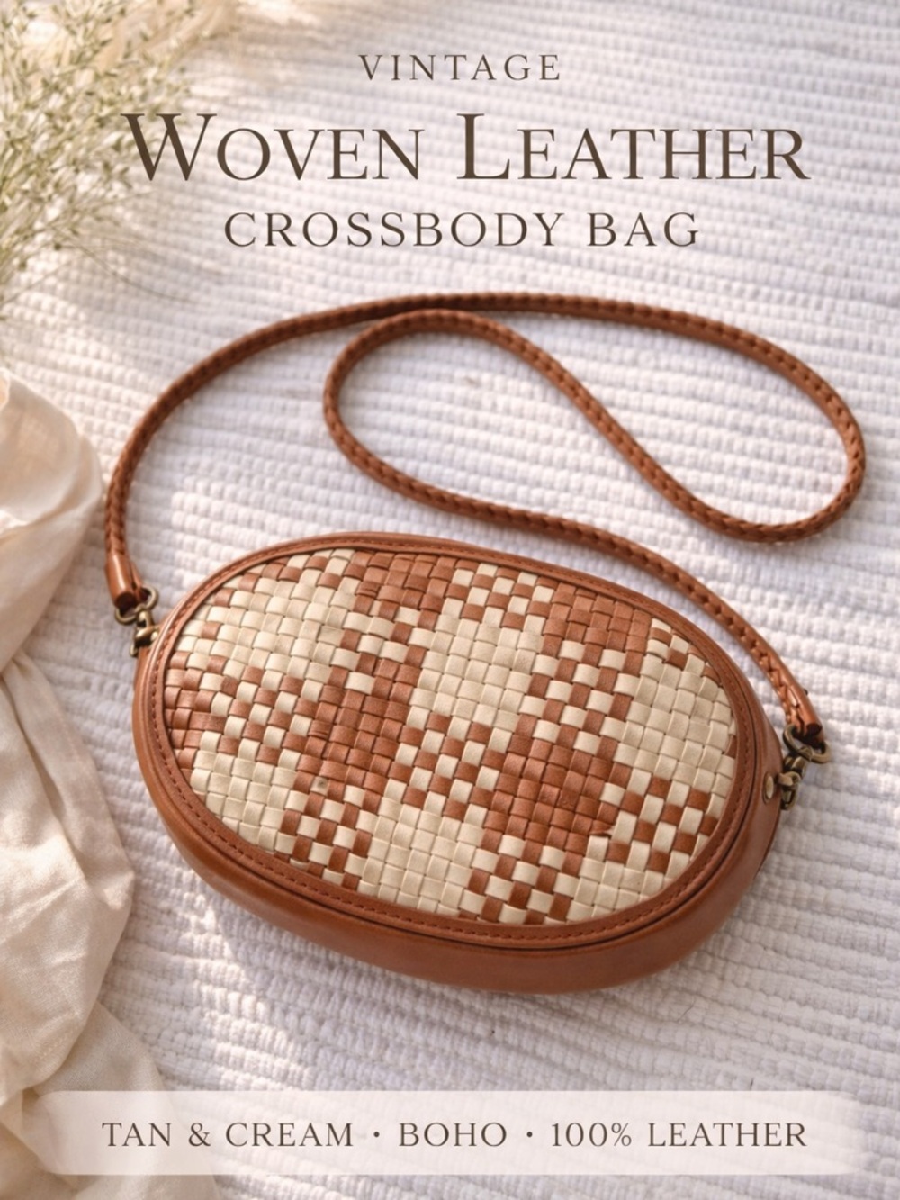 Vintage Woven Leather Crossbody Bag Tan Cream Boho Artisan Small Purse
